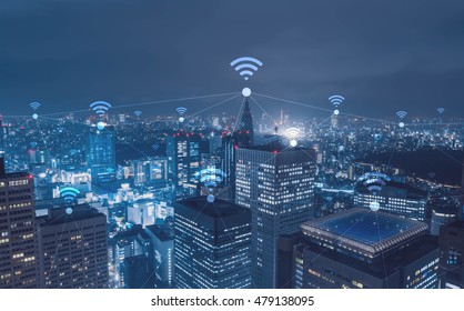 Cityscape with wi-fi connection conceptual,information communication technology concept - Shutterstock ID 479138095