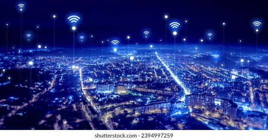 Cityscape with wireless (wi-fi) connection.Telecommunication and communication network on city.Smart city development concept. - Powered by Shutterstock - Get 15% off with code: PIKWIZARD15