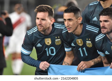 Ciudad De Buenos Aires, Argentina, 15 October 2021 Lionel Messi, Angel Di María And Rodrigo De Paul During South American Eliminatoria Qatar 2022 Match Against Perú.