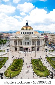 CIUDAD DE MEXICO, MEXICO, AUGUST 2018, Aerial frontal view of a famous landmark in Mexico´s Downtown "El palacio de las Bellas Artes" which means: Palace of Fine Arts.