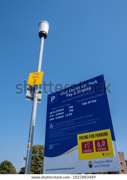 Civic centre car park and pay here sign in Ellesmere
Port Cheshire July 2020