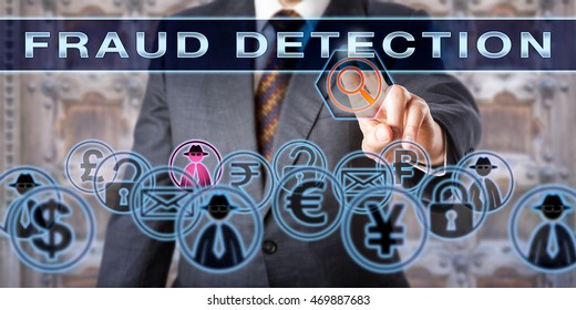 Civil Or Criminal Investigator Is Touching The Words FRAUD DETECTION On A Transparent Control Screen. Forensic Science And Law Enforcement Concept. Cyber Crime And Deception Metaphor.