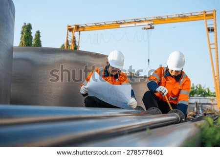 Civil engineer and contractor teamwork checking drawing blueprint and measuring steel pipeline material. Commercial infrastructure development and urban architectural building construction site.