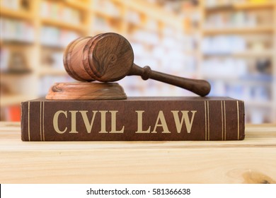 Civil Law Books And A Gavel On Desk In The Library. Concept Of Legal Education.