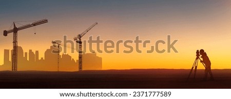civil site engineer builder silhouette  with electronic theodolite and tower cranes working on a new city project background collage