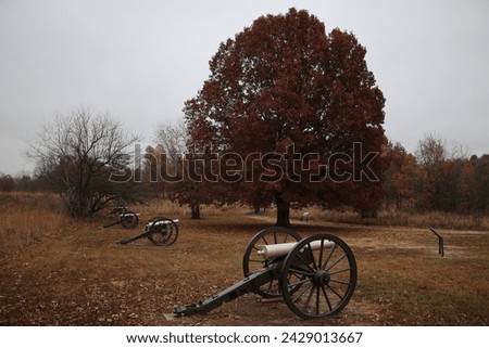 Civil war cannon in park with Fall foliage