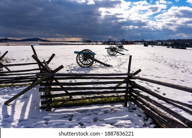 Civil War Cannons In The Snow At The Gettysburg National Military Park On The Field Of Pickett's Charge. 