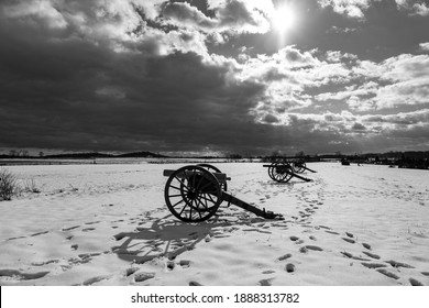 Civil War Cannons In The Snow At The Gettysburg National Military Park On The Field Of Pickett's Charge.