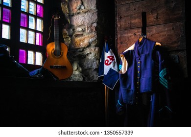 Civil War Uniform, With Flag, Guitar And Stained Glass Windows