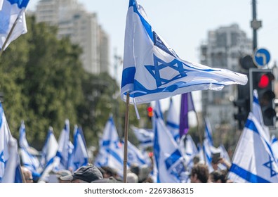 Civilian protests in the city of Rehovot Israel against the planned changes of Israeli government to the high court of justice - Shutterstock ID 2269386315