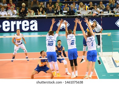 Civitanova Marche, Italy, July 24 2019 Schiacciata Osmany Juantorena Muro Klemen Cebulj  Alen Pajenk Toncek Stern During The Test Match Italia Vs Slovenia 2019 VOLLEY NAZIONALI ITALIANE