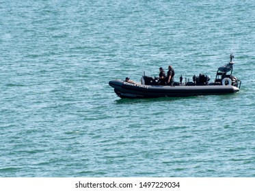 Clacton   United Kingdom 23 August  2019  -:  Inflatable Border Patrol Boat On Calm Sea
