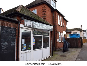 Clacton-on-Sea UK, October 23 2020: Street view with cafe Roll model.