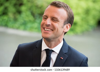 CLAIREFONTAINE, FRANCE - JUNE 5, 2018 : French President Emmanuel Macron at the national centre of football for a visit to the french team of Football before the World Cup in Russia.