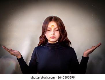 The clairvoyant girl in a trance state, the "third eye" is open on her forehead.