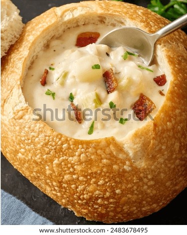 Clam chowdar inside the bread,Clam chowder with sourdough, Fisherman's Wharf, Sanfrancisco