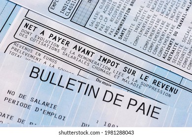 Clamart, France - January 29, 2019: French Payroll With Income Tax Deduction. Closeup Shot 