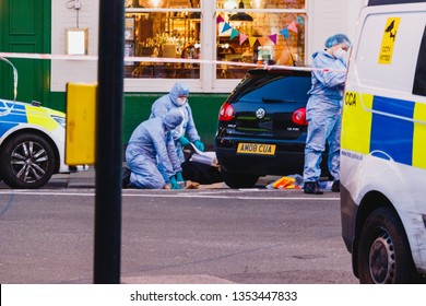 Clapham Common, London - 29 March 2019: Stabbing Scene At Clapham Park Road Near The Clapham Common Underground Station. One 40 Years Old Man Died At The Scene.