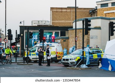 Clapham Common, London - 29 March 2019: Stabbing Scene At Clapham Park Road Near The Clapham Common Underground Station. One 40 Years Old Man Died At The Scene.