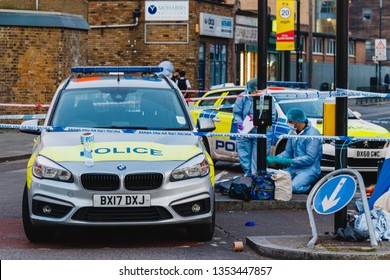 Clapham Common, London - 29 March 2019: Stabbing Scene At Clapham Park Road Near The Clapham Common Underground Station. One 40 Years Old Man Died At The Scene.