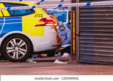 Clapham Common, London - 29 March 2019: Stabbing Scene At Clapham Park Road Near The Clapham Common Underground Station. One 40 Years Old Man Died At The Scene.