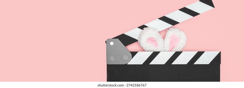 clapper board and easter bunny ears, movie tickets, entertainment discount, happy holiday, video production, cinematography, camera clap