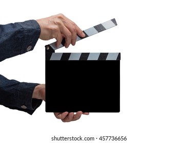 Clapperboard held by hands, isolated on white. The board is intentionally painted in black for your text.