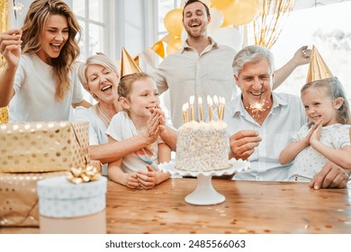 Clapping, love and family to celebrate birthday in home, support and happiness at event for cake. People, generations and proud of milestone, sing and party for growing girl, parents and grandparents - Powered by Shutterstock