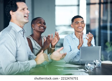 Clapping, office workshop and teamwork training in presentation, business conference or tradeshow. Happy smile, company diversity and success boardroom people with digital marketing sales celebration