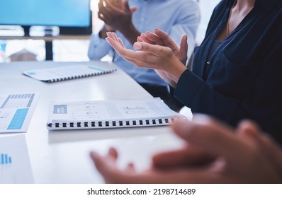 Clapping, Teamwork Training And Workshop In Presentation, Business Conference Or Office Tradeshow. Zoom On Diversity Hands, Motivation Or People Success For Innovation Or Company Education With Paper