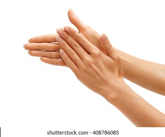 Clapping! Women's hands going to applause isolated on white background. High resolution product. Close up
