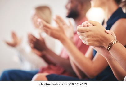 Clapping, Workshop And Teamwork Training In Presentation, Business Conference Or Office Tradeshow. Zoom On Diversity Hands, Motivation Or People Success For Innovation Conference Or Company Education