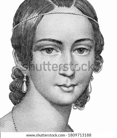 Clara Schumann, German musician and composer, from a lithograph by Andreas Staub, an Austrian watercolour painter and lithographer. Historic buildings of Leipzig. Portrait Germany  Banknote 