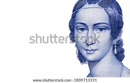 Clara Schumann, German musician and composer, from a lithograph by Andreas Staub, an Austrian watercolour painter and lithographer. Historic buildings of Leipzig. Portrait Germany Banknote 