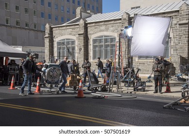 Claremont Av Upper West Side New York USA - October 2016 - Film Crew Setting Up Their Filming Equipment On The Sidewalk.