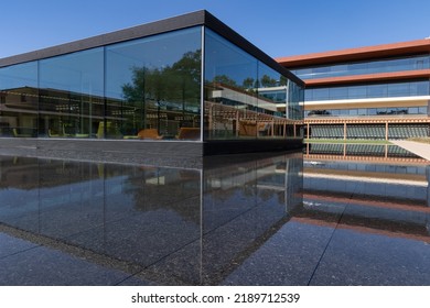 Claremont, CA - August 13 2022: Academic Building At Claremont McKenna College Reflected In A Pool Of Water