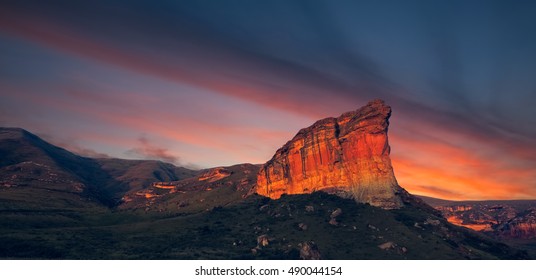 Clarens Golden Gate National Park Landscape At Sunset, Free State, South Africa (Brandwag Rock)