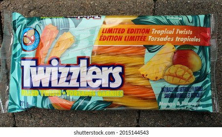 Clarenville Newfoundland and Labrador - July 27, 2021 - Limited edition Mango and Pineapple Twizzlers confection candy.