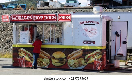 Clarenville Newfoundland And Labrador - Sep. 04, 2022 - The Country Carnival Fair Food Booth With Popcorn, Hot Dogs, Hamburgers, Pop, French Fries From Thomas Amusements.