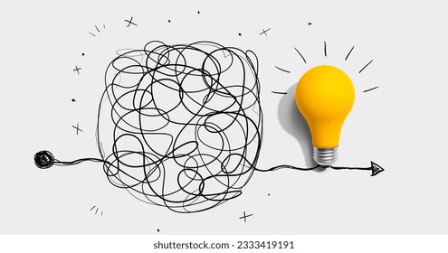 Clarifying complex ideas theme with light bulb - Flat lay - Shutterstock ID 2333419191