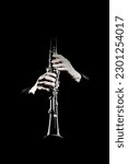 Clarinet player. Clarinetist hands playing woodwind instrument isolated on black. Musical instruments closeup