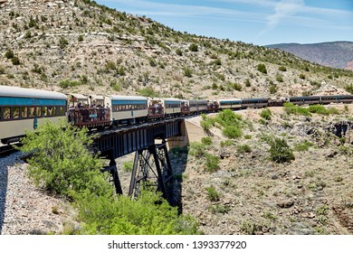 Clarkdale, Arizona, USA - May 4, 2019: Verde Canyon Railroad Train Driving On Scenic Route Over A Bridge