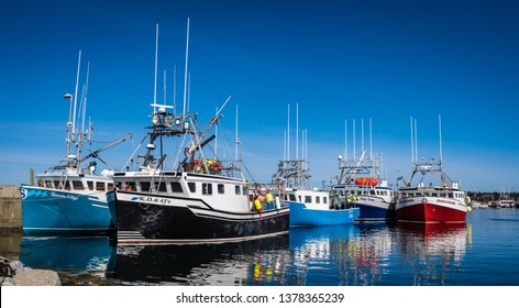Clarks Harbour, Nova Scotia, Canada, April 14 2019; Lobster fishing boats arrive to home port wharf after a long day of pulling traps and gear.