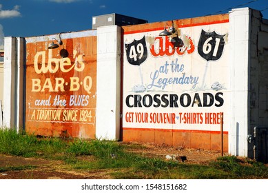 Clarksdale, MS, USA July 20 Historic Billboards Of Abe's, A Bar-b-q Restaurant  Line An Empty Lot In Clarksdale, Mississippi