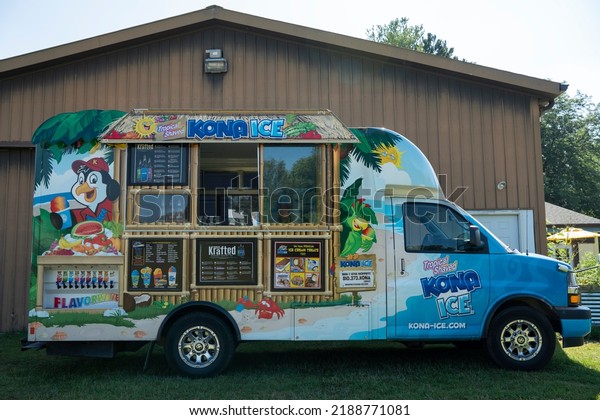 Clarkston MI USA 08 06 2022: Illustrative editorial\
of Kona Ice ,Ice cream\
truck