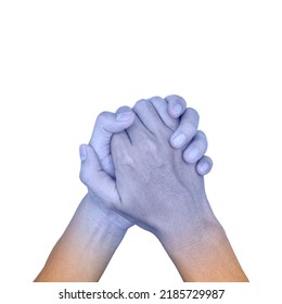 Clasped Hands Together With Light Blue Color Of Asian Young Man. Concept Of Cold And Clumsy Hand.