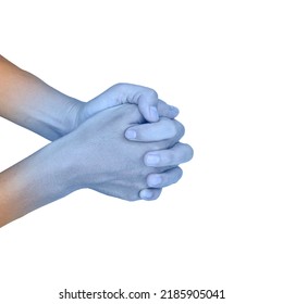 Clasped Hands Together With Light Blue Color Of Asian Young Man. Concept Of Cold And Clumsy Hand.