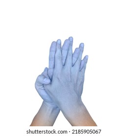 Clasped Hands Together With Light Blue Color Of Asian Young Man. Concept Of Cold And Clumsy Hand.