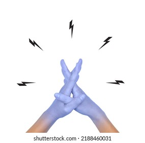 Clasped Hands Together With Light Blue Color Of Asian Young Man. Concept Of Cold And Clumsy Hand.