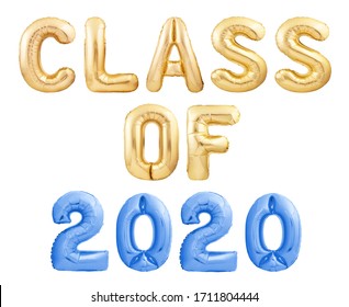 Class Of 2020 Message Made Of Golden Alphabet Balloons Isolated On White Background. Congratulations Graduates!